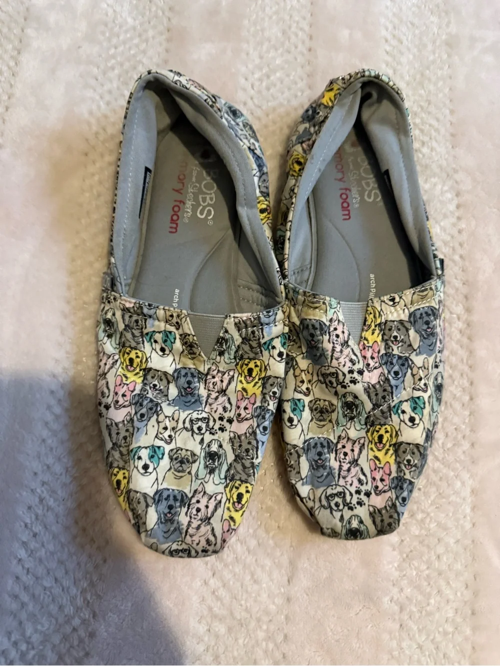 Skechers BOBS Slip-On Flats with Teal, Pink and Gray Dog Print